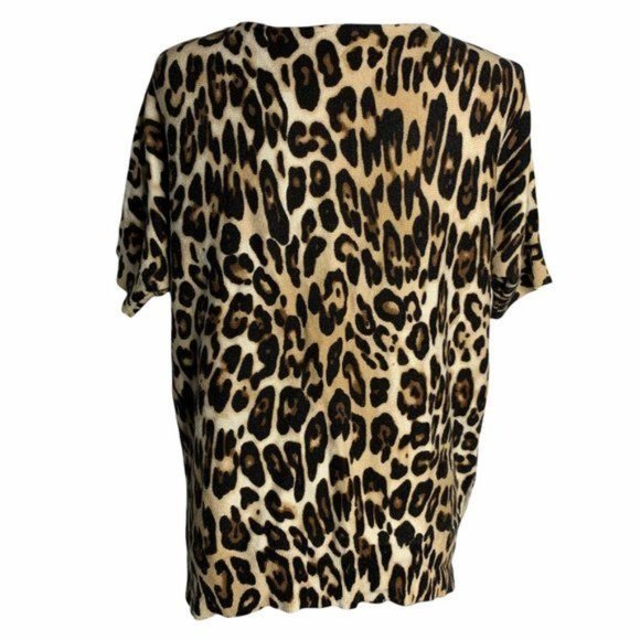 Chicos Leopard Print Short Sleeve Sweater M Cream Brown Round Neck Stretch - Picture 4 of 6